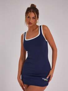 Musera Sport فستان التنس بتفاصيل الربط ذو الياقة المربعة للجيم واللياقة البدنية فقط - أزرق بحري - مشاهدة 1