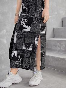 SHEIN Teen Girls Black & White Graffiti Newspaper English Print Strapless Tight Dress And Skirt Casual Streetwear Two-Piece Set