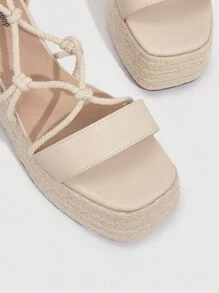 Styleloop 女士鞋系带设计帆布平底系带凉鞋夏季度假鞋夏季促销返校鞋大学生鞋波西米亚风复古乡村风法式鞋万圣节 - 杏色 - 查看 3