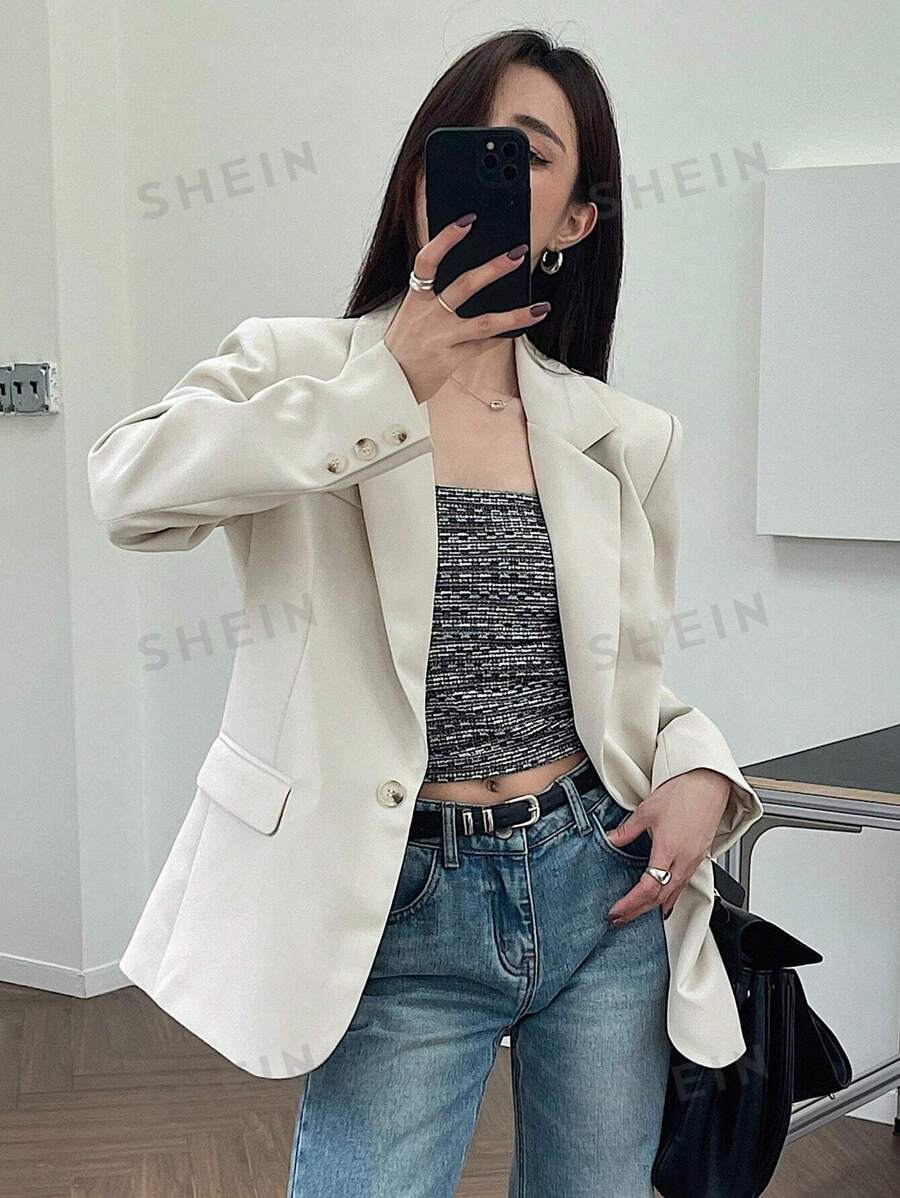 DAZY Chaqueta blazer de negocios casual de manga larga con solapa para mujer, ropa de otoño para mujeres