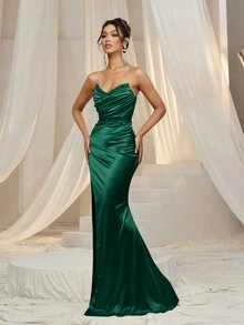 Faeriesty Ruched Front Slit Thigh Satin Bandeau Party Dress - Dark Green - View 4