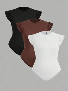 SHEIN Essnce Plus Size Women's Summer Casual Comfortable Slim Fit 3-Pack Bodysuit, Summer Clothes For Women, Cute Women's Tops,Summer Outfits - Multicolor - View 9