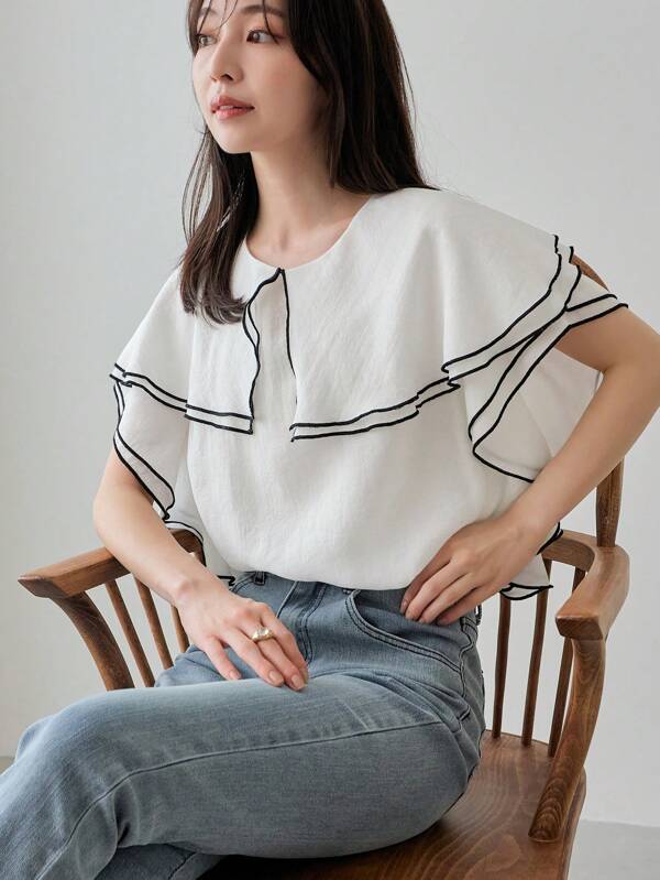 FRIFUL Camisa casual de mujer para primavera/verano con recortes de color en contraste y volantes