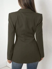 RueChic Casual Solid Color Double Breasted Cinched Waist Blazer - Army Green - View 2