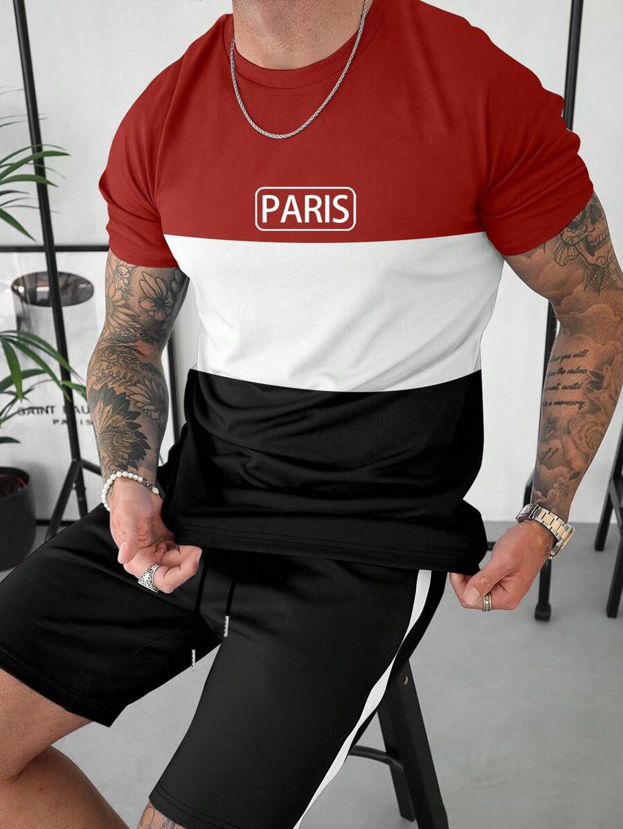 Manfinity Homme Men's Plus Size Summer Letter Print Round Neck Short Sleeve Casual T-Shirt And Drawstring Waist Shorts Set - Multicolor - View 1