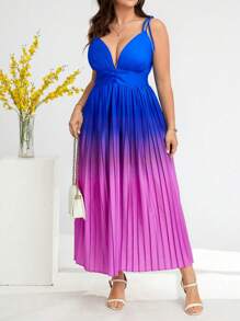 SHEIN Clasi Fashionable Plus Size Gradient Pleated Spaghetti Strap Dress For Summer