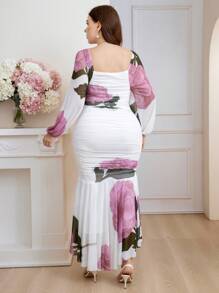 Modelyn Plus Size Elegant Floral Printed Lantern Sleeve Bodycon Dress With Ruffles And Mermaid Hem, Spring/Summer - White - View 2