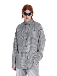 Manfinity VCAY Camisa de manga larga con estampado de cuadros de hombre de gasa de burbujas en negro y blanco, oversized, con correas anchas, apta para primavera y verano - Blanco y Negro - Ver 7