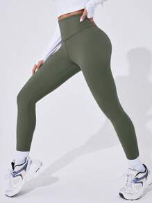 Slayform Gym Tights Absorbs Sweat Quick-Drying High Stretch Tummy Control Yoga Leggings - Army Green - View 6