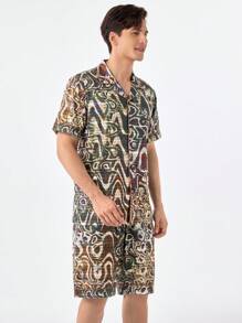 Men's Random Printed Short Sleeve T-Shirt And Shorts Homewear Set - Multicolor - View 3