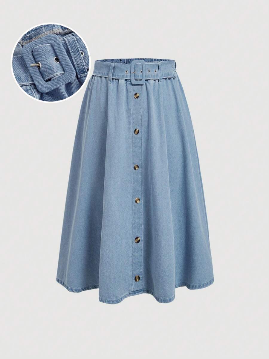 SHEIN MOD Váy denim dáng rộng cổ điển cỡ lớn có thắt lưng, màu xanh - Rửa nhẹ - Xem 1