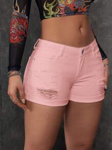 SHEIN EZwear Quần short denim thường ngày dành cho nữ với chi tiết rách và viền cuộn - Hồng - Xem 5