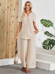 EMERY ROSE Women's Summer Short-Sleeved Shirt And Long Set - Khaki - View 6