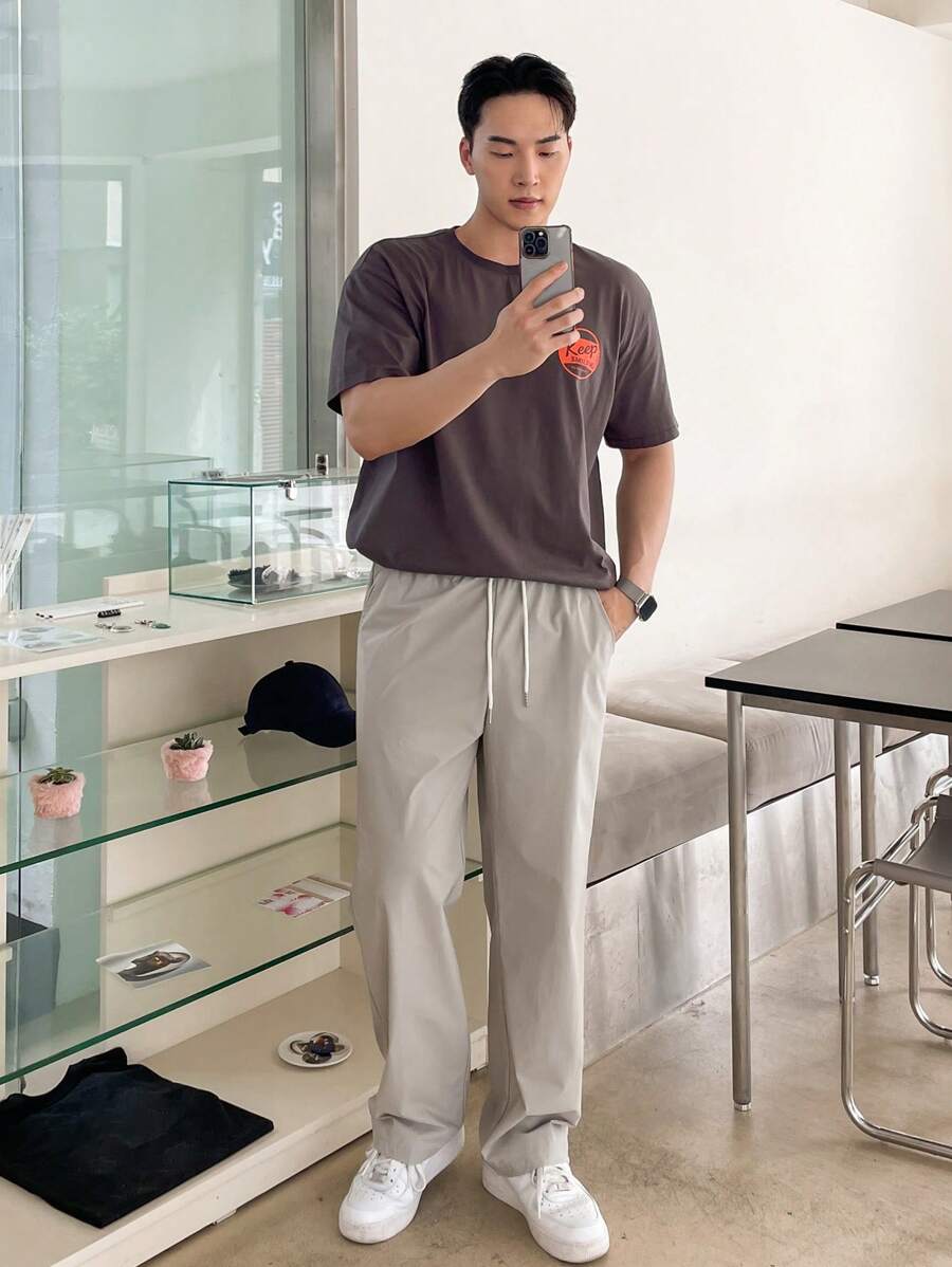 DAZY 男式純色束腰側口袋休閒直筒褲，適用於夏季