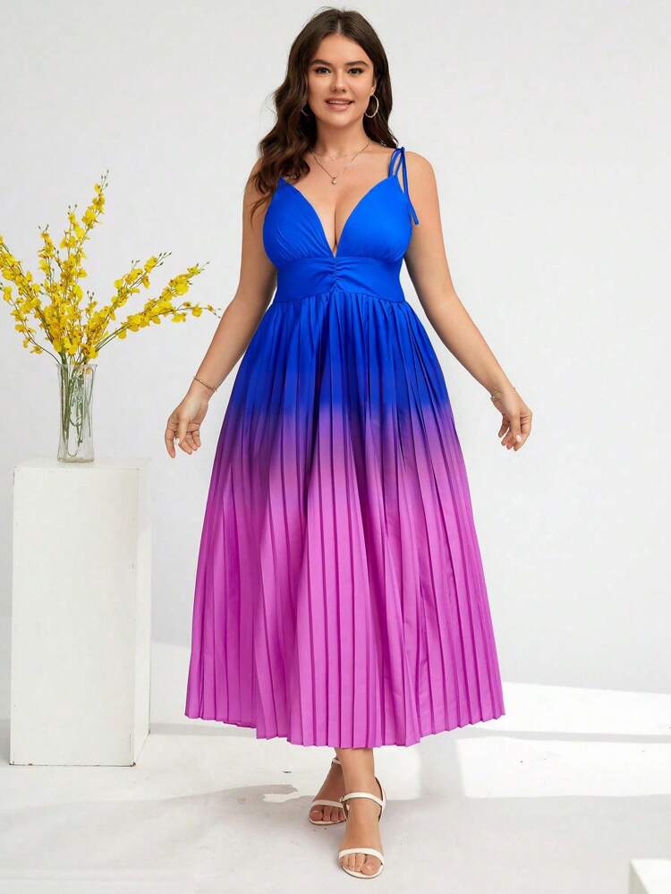 Fashionable Plus Size Gradient Pleated Spaghetti Strap Dress For Summer