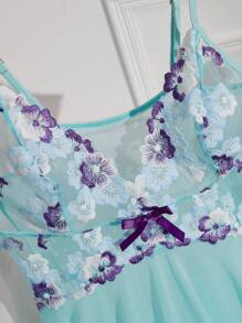 Embroidered Women's Sexy Sleep Lingerie Dress + Thong Panties 2pcs/Set