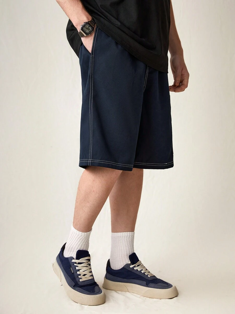 Manfinity VCAY 编织时尚年轻休闲松紧腰短裤，日常穿着。男士工装裤宽松裤男士夏装 - 藏蓝色 - 查看 1