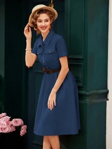 Vintamour 复古优雅短袖衬衫领连衣裙，带口袋、伞形下摆和腰带，适合春夏休闲装母亲节连衣裙 - 藏蓝色 - 查看 9