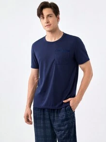 SHEIN Men's Solid Color Short Sleeve Top With Plaid Long Pants Home Clothing Set - Navy Blue - View 6
