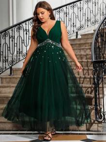 Cravure Plus Size Women's Simple Solid Color Sleeveless Mesh Decor Daily Wear Dress, For Christmas Maxi Women Outfit Wedding