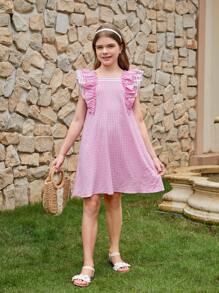 Vestido Simples A-Line Solto de Duas Camadas com Patchwork Listrado e Mangas Babados para Meninas Pré-adolescentes