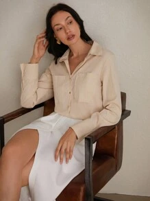 SHEIN Privé 紋理工作服長袖女士通勤襯衫 - 杏色 - 查看 1