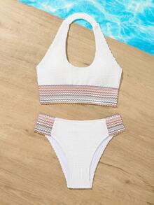 Conjunto de bikini de unicolor de estilo sencillo para niñas preadolescentes, para uso diario en la playa - Blanco - Ver 4