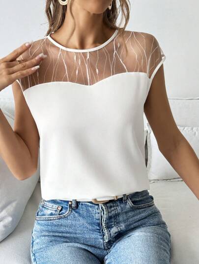 SHEIN Privé Women's Elegant Translucent Design Spring/Summer Fall-Back Color Contrast Mesh Shirt, Perfect For Commuting, Work, Going Out, Dating, Or Vacation