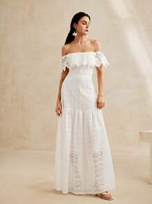 Anewsta Ruffle Lace Dress With Ruffle Trim And Waist Cinching, Elegant Maxi Length For Holiday Party Clothes - White - View 7