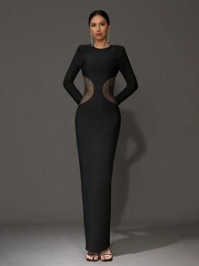 Modphy 新款时尚黑色性感水晶腰网眼拼接长款绷带连衣裙，女士正式派对晚礼服，适合开斋节、婚礼宾客 - 黑色 - 查看 3