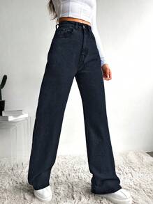 SHEIN Cottnline Solid Color Casual Straight Leg Jeans - Dark Grey - View 5