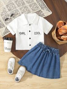 Little Girls' Comfortable Casual White Embroidered Top And Blue Denim Skirt Set - Blue and White - View 1