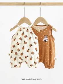 Cozy Pixies Newborn Baby Girl/Boy Multicolor Cartoon Insect/Animal Pattern Knitted Soft Comfortable Breathable Round Neck Sleeveless Romper Shorts, 2pcs Set, With Opening Buttons, Suitable For Summer Leisure Outfits At Home, Outdoors, Vacations, Travels, Beach, Seaside, Etc.