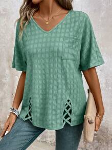 EMERY ROSE Women's Summer V-Neck Batwing Sleeve Loose T-Shirt With Pocket And Cross Hem