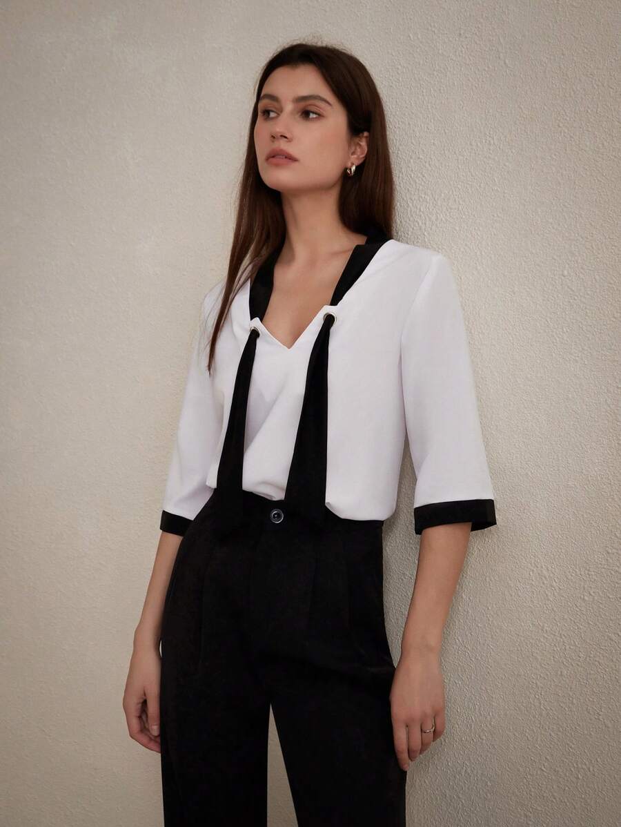 GENKIRA Casual Color Block Belted Half-Sleeve Women's Shirt For Work, Teacher, And Formal Occasions - Multicolor - View 1