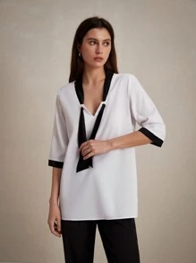 GENKIRA Casual Color Block Belted Half-Sleeve Women's Shirt For Work, Teacher, And Formal Occasions - Multicolor - View 4