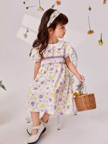 SHEIN Young Girls' Puff Sleeves Floral Print Dress With Detailing, Suitable For  And Elegant Occasions