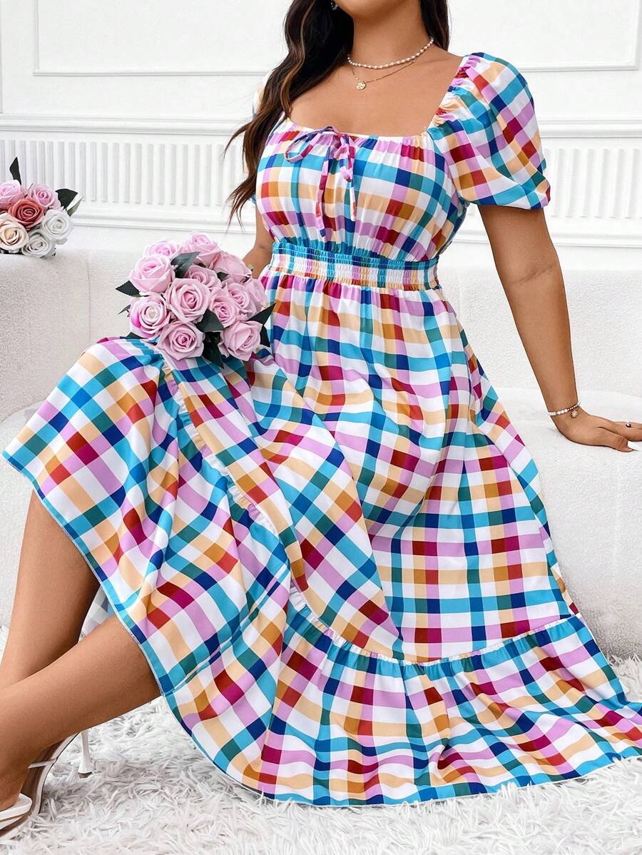SHEIN Clasi Váy cổ vuông kẻ caro in họa tiết cỡ lớn có dây buộc eo, hoàn hảo cho trang phục Maxi dành cho phụ nữ đi nghỉ hè - Nhiều màu - Xem 1