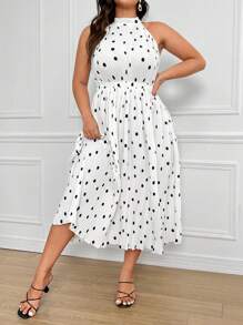 Celure Plus Size Polka Dot Pleated Dress With Ribbon Ties