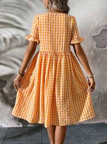 SHEIN LUNE Summer Fashionable & Casual Comfortable Loose-Fit Orange Plaid Women's Dress