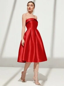 SHEIN Belle Ladies' Solid Color Simple Daily Strapless Formal Dress, Wedding Guest Dress Party Dress Prom Dress - Red - View 4