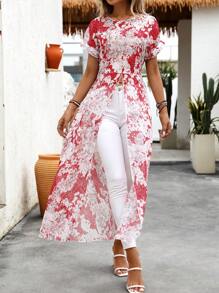 EMERY ROSE Camisa larga con impresión floral y abertura lateral alta ideal para vacaciones y tiempo de ocio