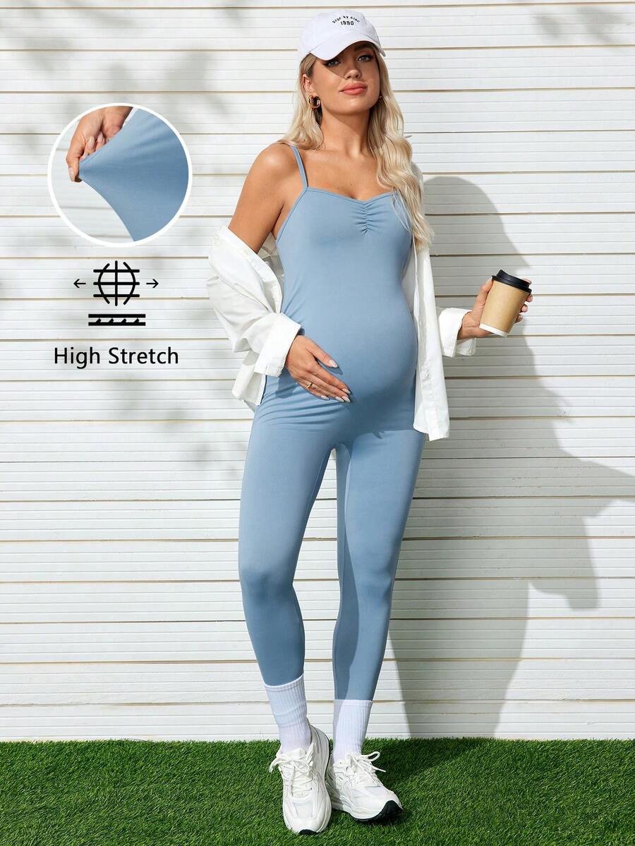 SHEIN Mono de yoga deportivo para embarazadas de alta elasticidad y adelgazamiento ajustable para actividades al aire libre con tirantes, ropa para embarazo - Agua verde azul - Ver 1