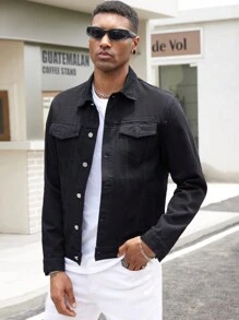 Manfinity Homme Men's Floral Embroidery Single-Breasted Casual Long Sleeve Denim Jacket - Black - View 3