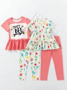 SHEIN Young Girl Toddler 2pcs Set, Short Sleeve Top With Letter, Floral, And Butterfly Print, And Leggings - Multicolor - View 1