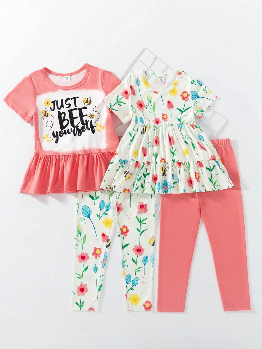 SHEIN Young Girl Toddler 2pcs Set, Short Sleeve Top With Letter, Floral, And Butterfly Print, And Leggings - Multicolor - View 1