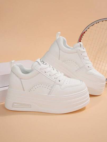 1 Paar Damen bequeme neue Keilsneaker mit dicker Sohle für Herbst/Winter, Schnürsneaker mit rundem Zehenbereich und dickem Profil in Weiß, leichte rutschfeste schwarze Lässig schuhe