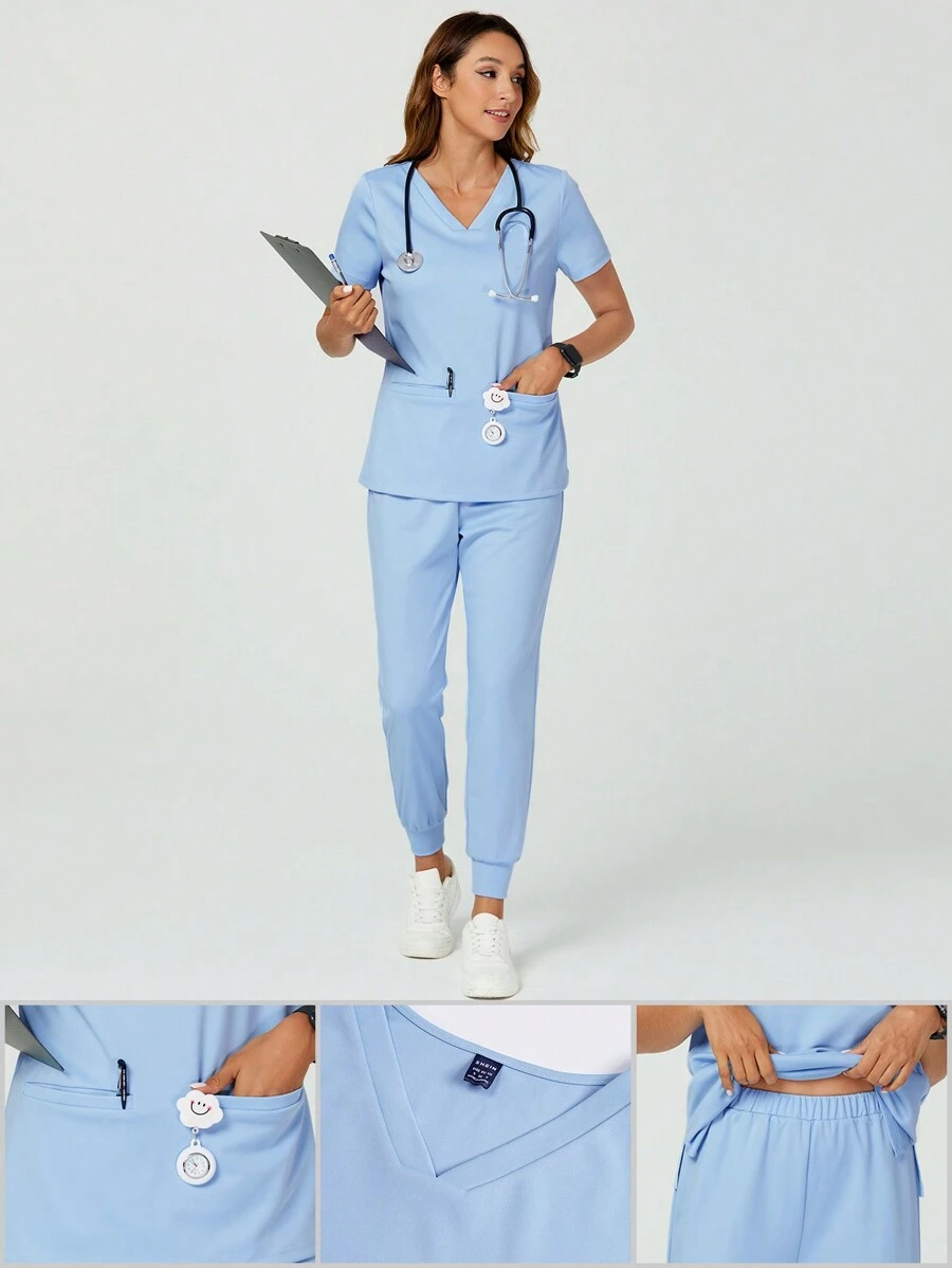 TaskEZ 女士護士制服夏季藍色護士制服兩件套裝，2個口袋短袖頂部，彈性腰帶束繩適合跑步休閒褲