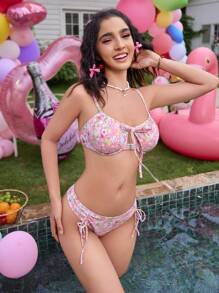 SHEIN Swim Women's Floral Print Front Tie Sexy Bikini Set For Vacation (Random Print), Underwire Design, Not Push Up Summer - Multicolor - View 4