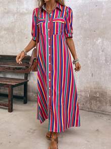 EMERY ROSE Robe chemise maxi à boutonnage avant rayé coloré pour les loisirs de vacances des femmes - Multicolore - Voir 4
